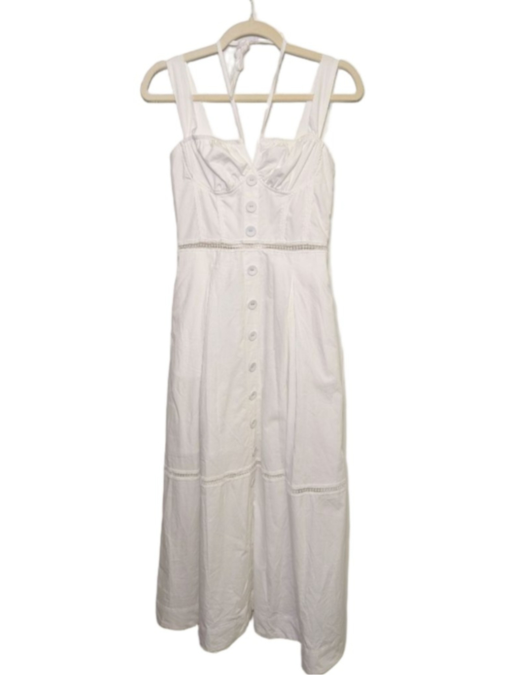 COMMENSE White Lace Paneled Back-Tie Cotton Maxi Dress Sweetheart Midi XS NWT